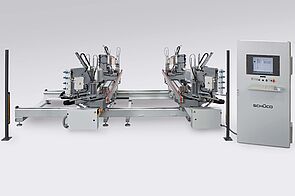 Die Maschinentechnologie von Schüco ist perfekt auf die Schüco Kunststoff-Systeme abgestimmt. Hier Schüco Schweißautomat Vierkopf SMH 510. Bilder: Schüco